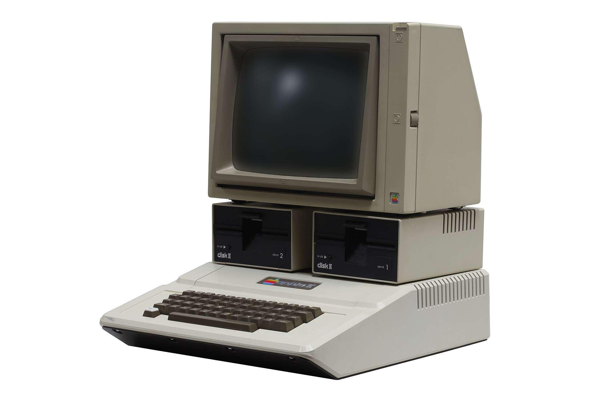 The Apple II personal computer from 1977, with monitor, two floppy drives, and integrated keyboard