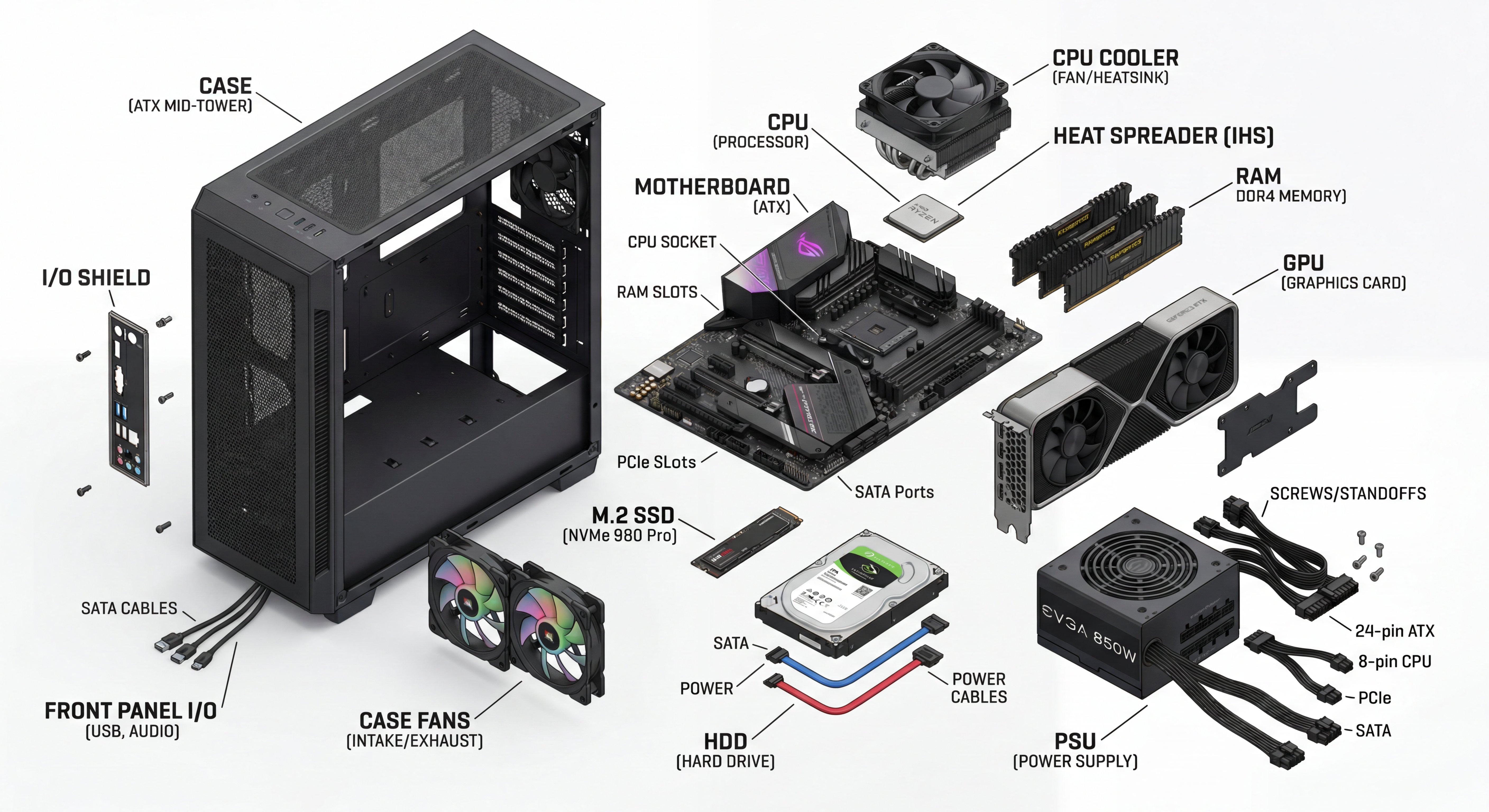 Exploded view of a modern desktop PC showing case, motherboard, CPU, RAM, GPU, M.2 SSD, HDD, PSU, fans, and cables