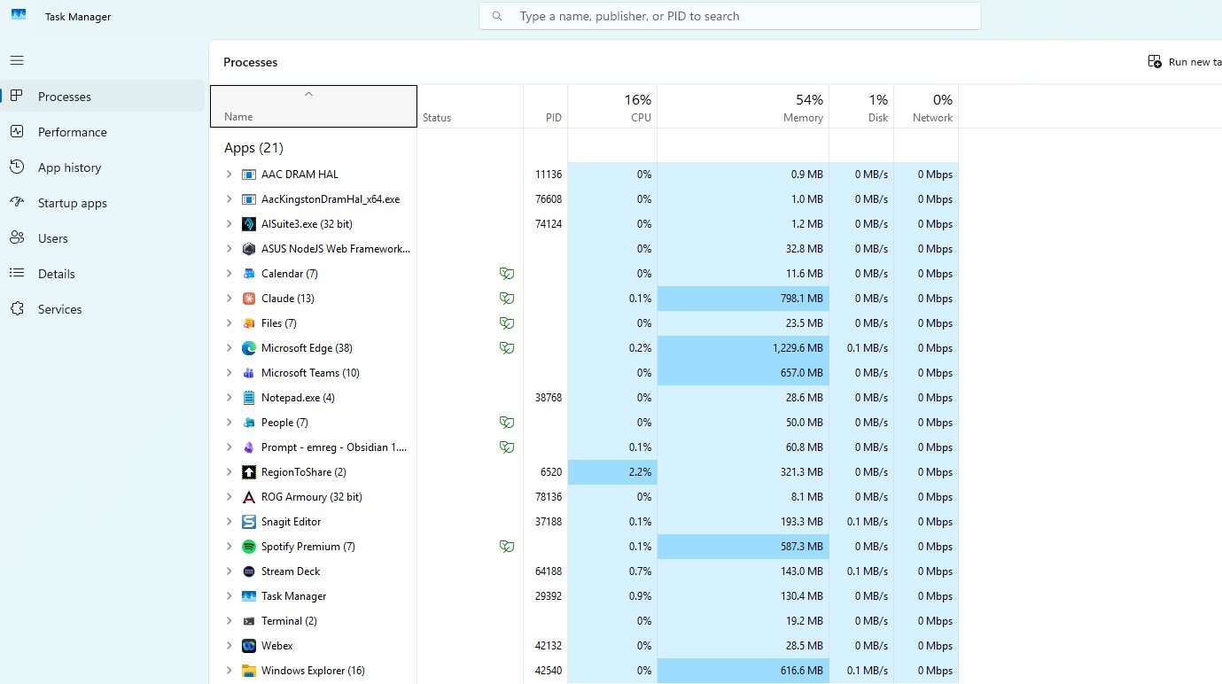 Windows Task Manager showing dozens of running processes with CPU, memory, disk, and network columns