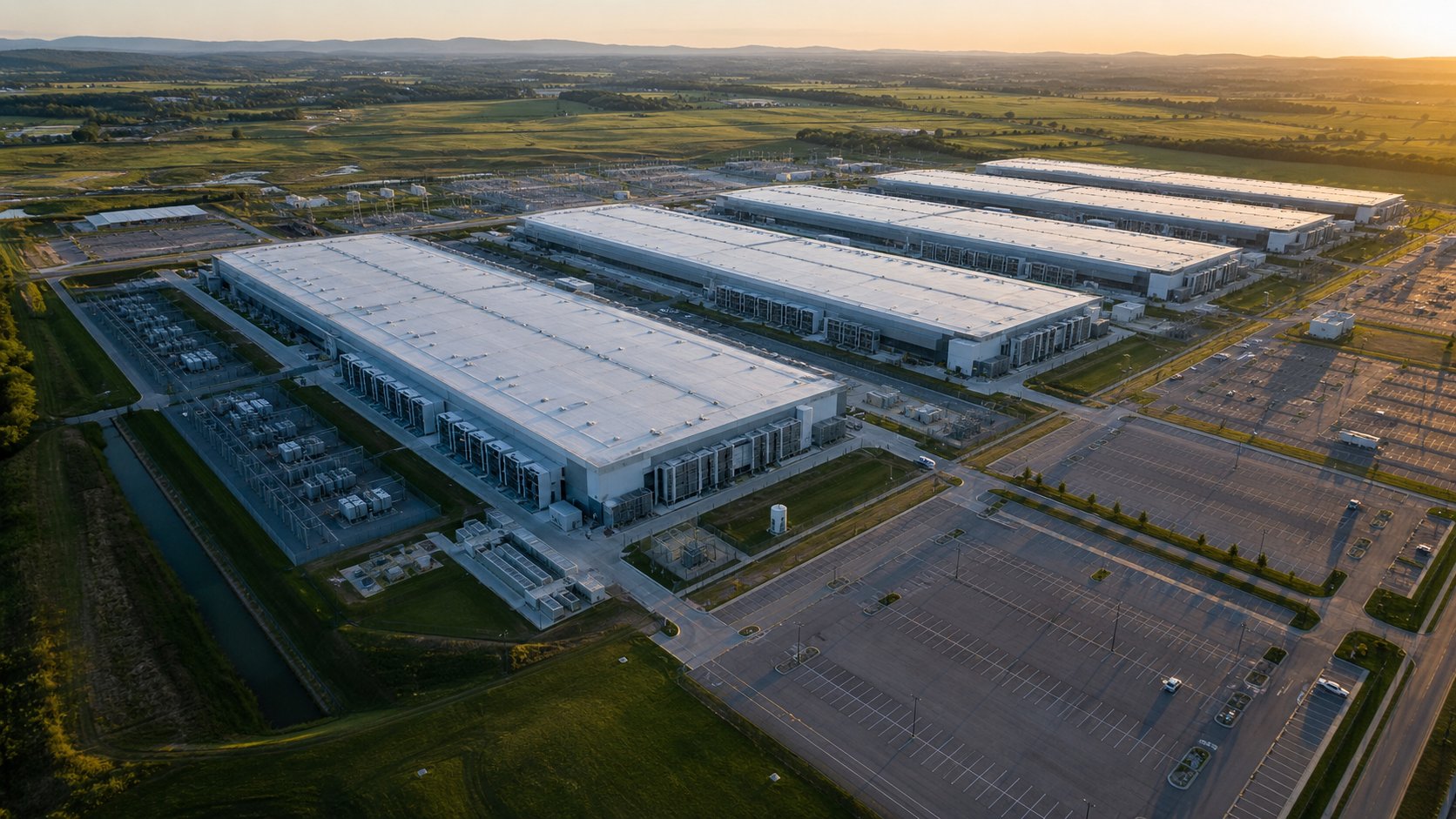 Aerial view of a hyperscale data center campus at golden hour