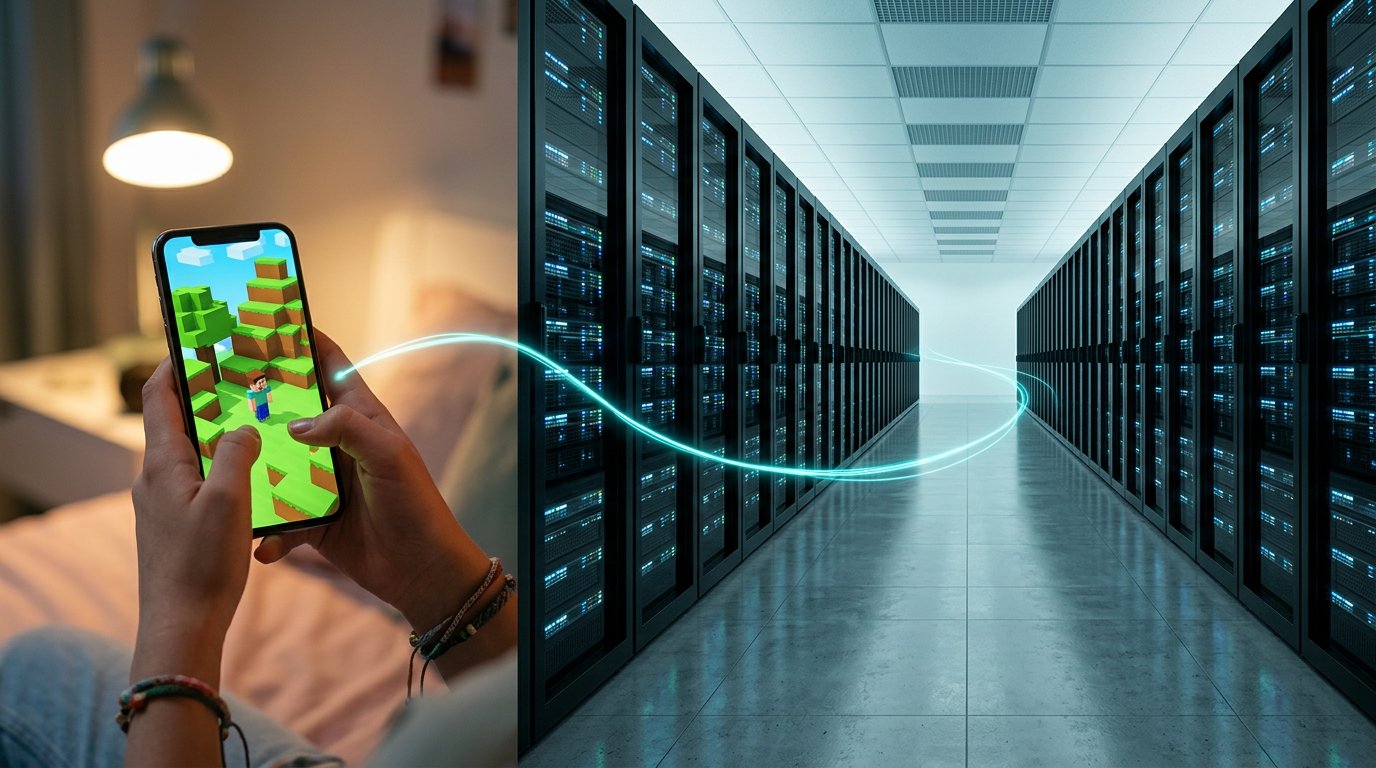 Phone playing a block game connected to a server hall by a glowing fiber-optic trace